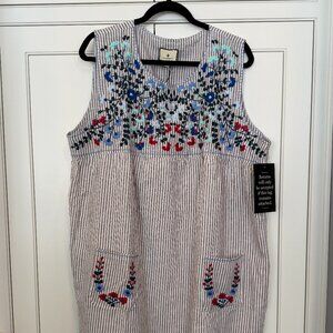 Tuckernuck Sleeveless Tan Stripe Embroidered LInen Shift Mini Dress XXL $168